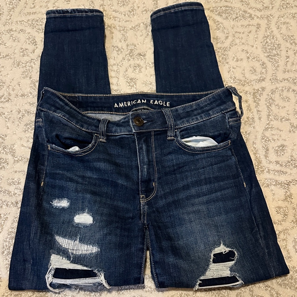 American Eagle Outfitters Women's Dark Blue Distressed Skinny Jeans